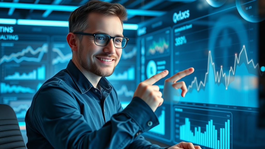 savvy Orlando data analyst reviewing interactive analytics dashboard with rising marketing metrics in ultramodern workspace