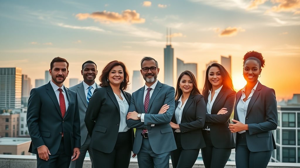 Orlando law firm branding - diverse attorneys overlooking Orlando skyline at sunrise, modern business attire, city rooftop, recognizable landmarks