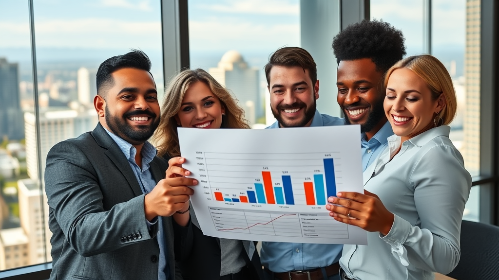diverse Orlando business leaders celebrating digital marketing results reviewing sales growth charts in an upscale conference room