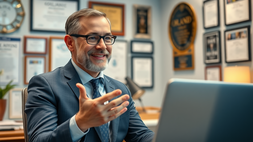 Attorney leading video consultation, discussing case successes, Orlando awards and certificates in office background, law firm SEO in action
