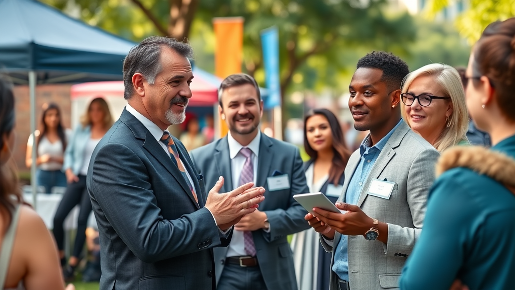 Orlando lawyers hosting community outreach event, networking with public in city park, event tents, banners