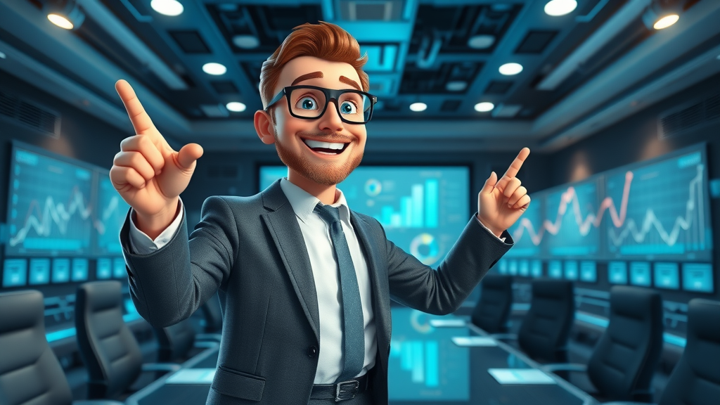 inspired business leader confidently pointing towards upward graph, encouraging team in futuristic boardroom