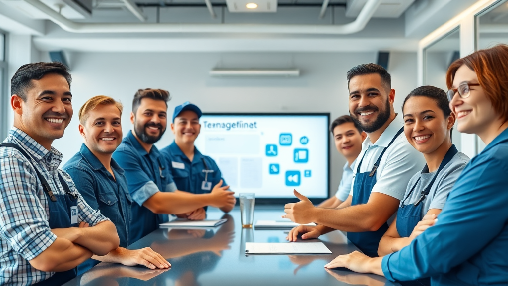 motivated diverse plumbers team discussing plumbing blog ideas for plumbers