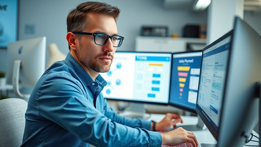 marketer building sales funnel with drag-and-drop software interface, focused on funnel building steps