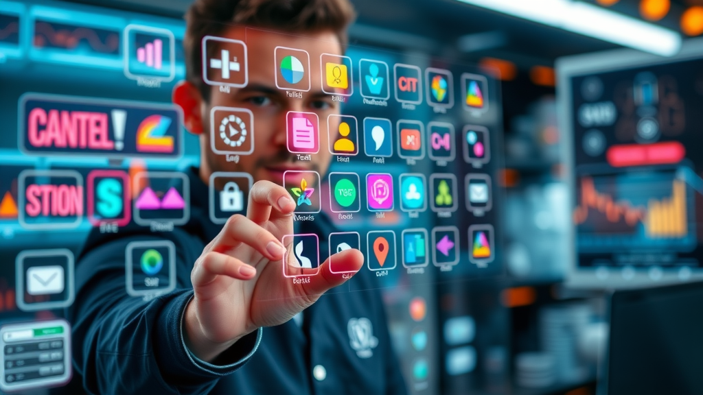 marketing strategy specialist arranging channel and tool icons in digital studio