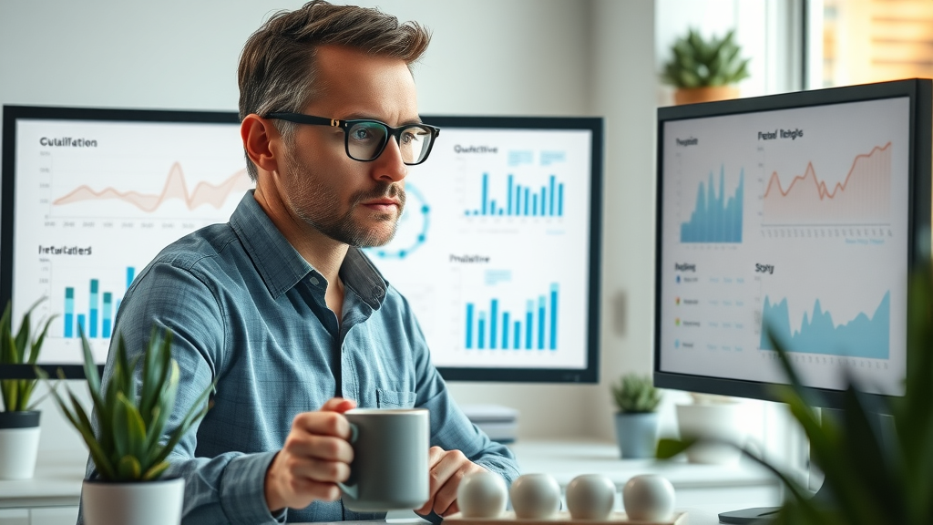 marketing strategy analyst comparing quantitative and qualitative performance indicators