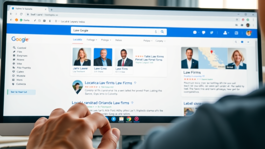 Google search results page showing Orlando law firm marketing Orlando, maps, lawyer headshots, local search engine dominance