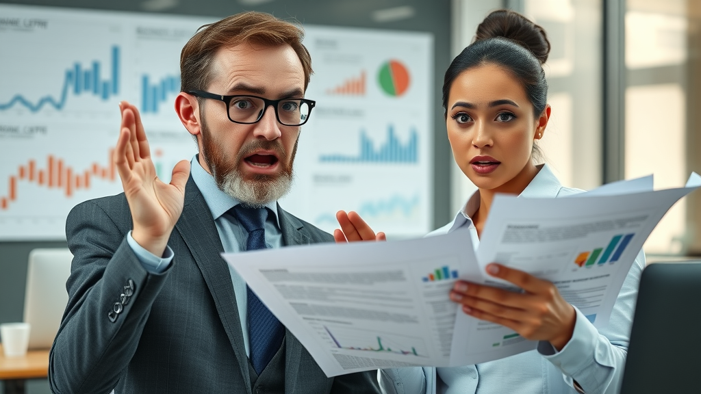 shocked business owners reviewing financial reports in a modern office, search engine optimization mistake