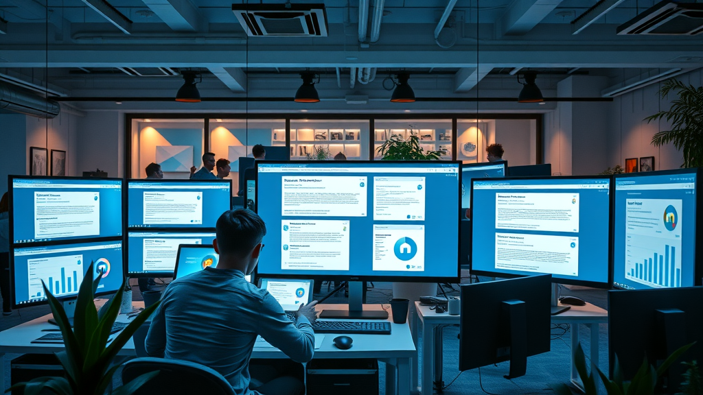 team monitoring marketing automation emails, dynamic automated workflows, open-plan tech office, social media and lead nurturing
