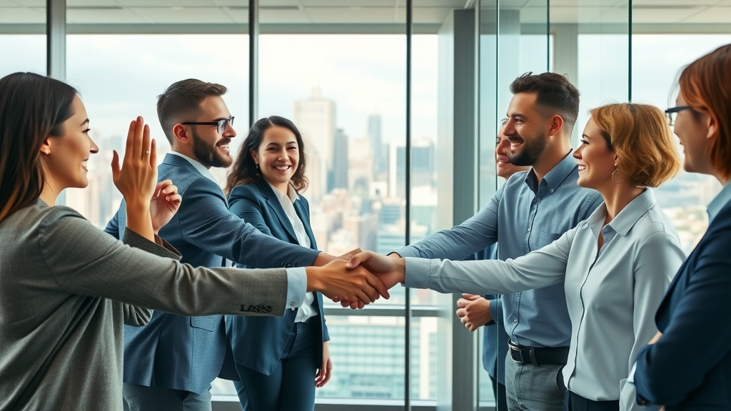 marketing and sales teams shaking hands, successful collaboration for lead generation, modern office, teamwork and partnership