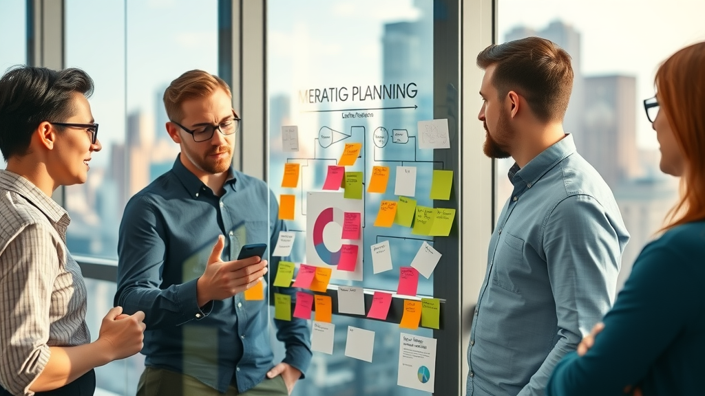 strategic planning marketing team mapping out lead generation process, colorful sticky notes, city skyline, creative workspace