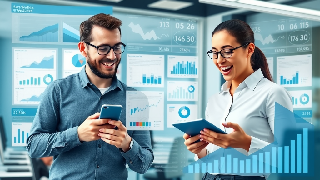 local SEO infographic of business owners analyzing search statistics on digital devices in modern office
