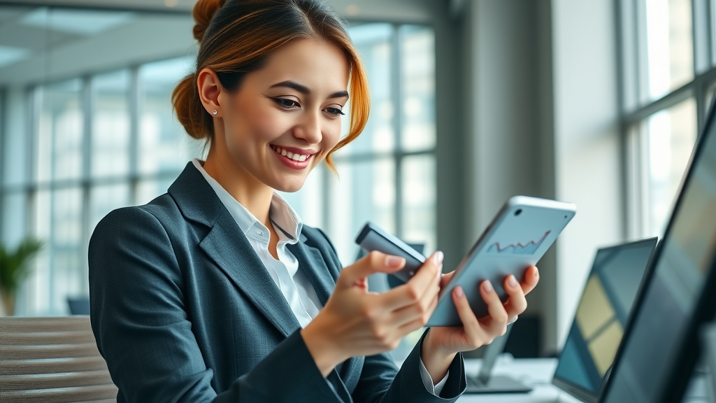 businesswoman reviewing local SEO analytics dashboard for Google Business Profile performance