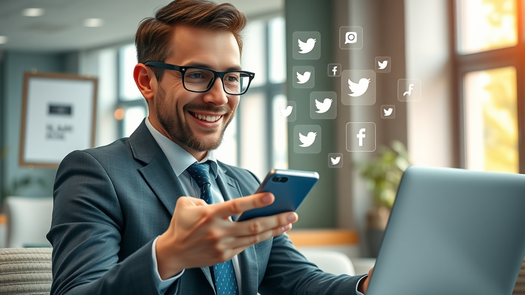 Social media manager at Orlando law firm planning digital campaign with interactive social icons, SEO and client engagement context