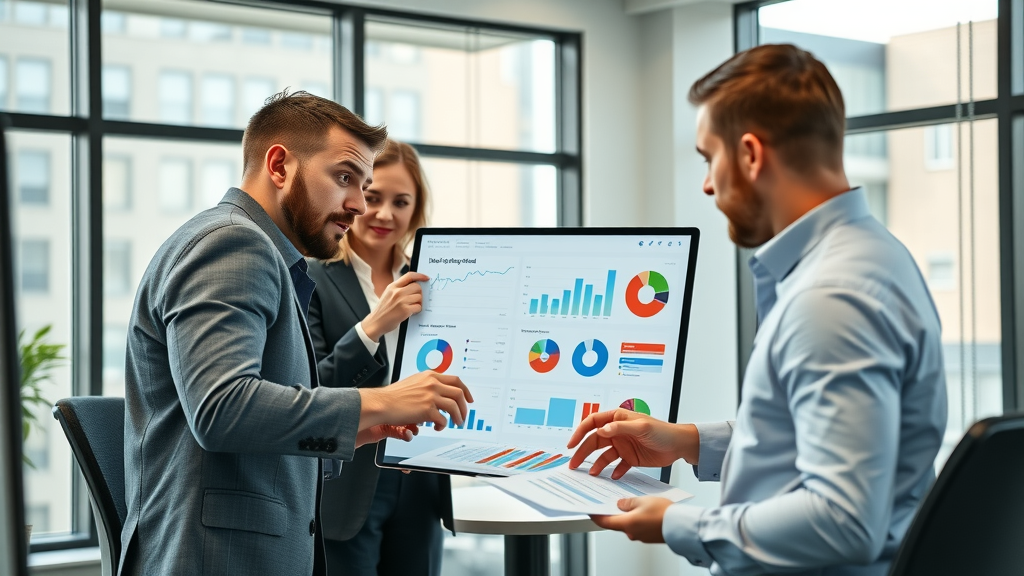marketing strategy professionals analyzing ad spend impact in modern office
