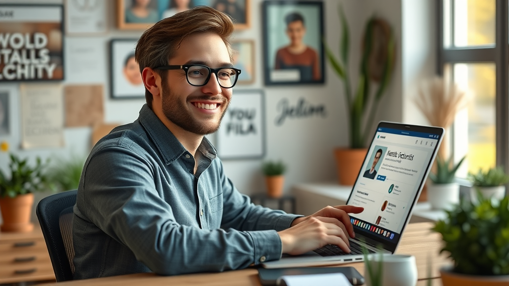 entrepreneur updating high-converting linkedin marketing profile at laptop, motivational workspace