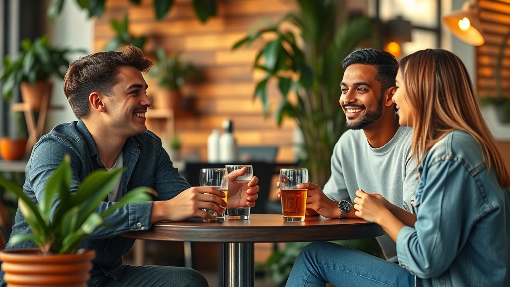 People displaying social proof in a dating context—group setting with positive body language in a friendly café