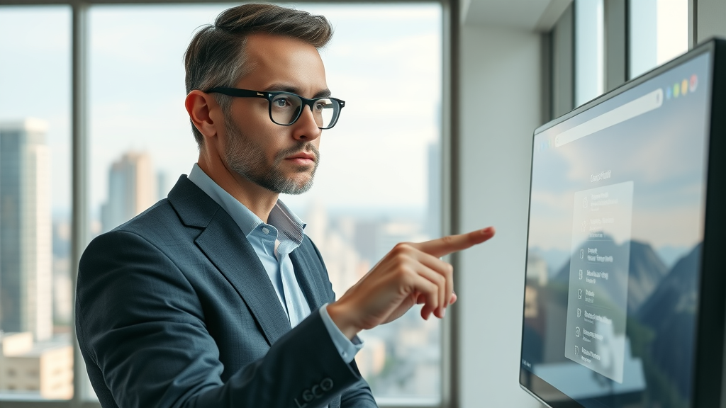 Insightful agency leader evaluating agency automation solutions on a digital monitor