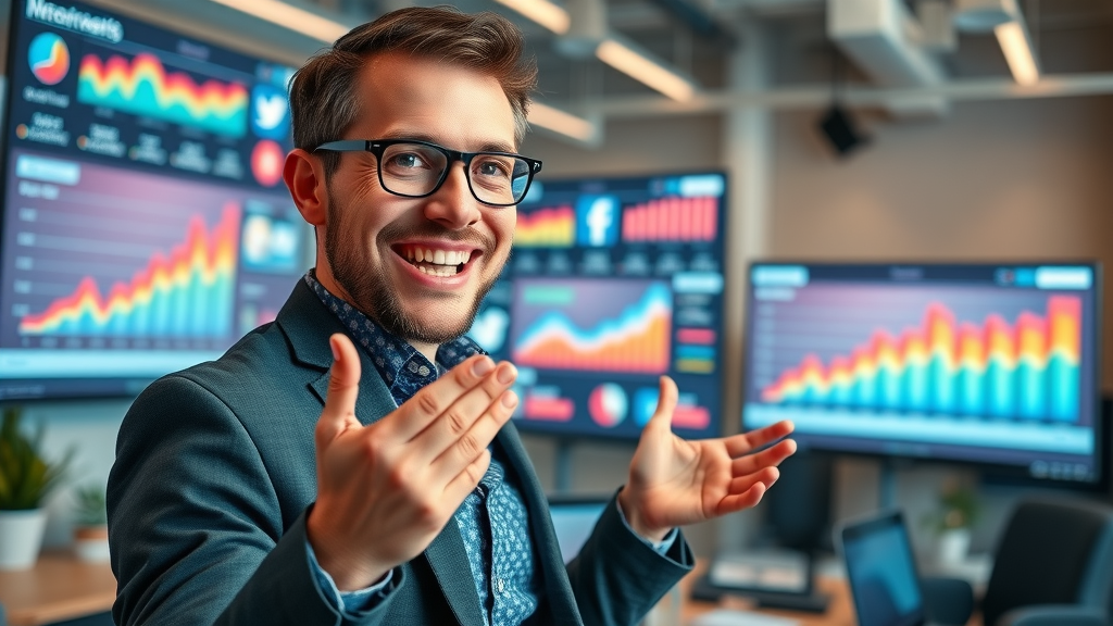 entrepreneur engaging with social media dashboard showing traffic sources and website value growth