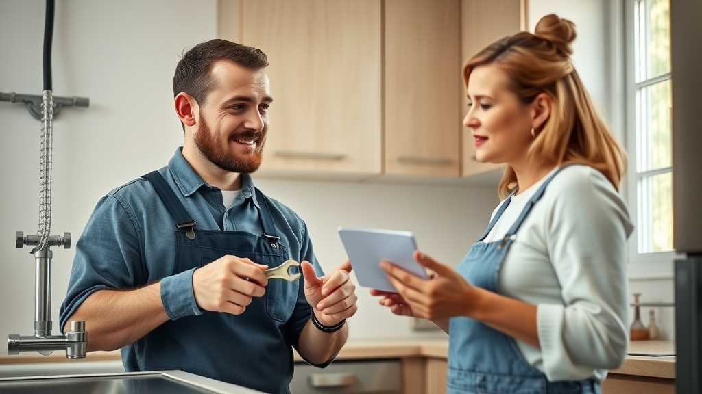 helpful plumber instructing homeowner with emergency plumbing tips for plumbing blog
