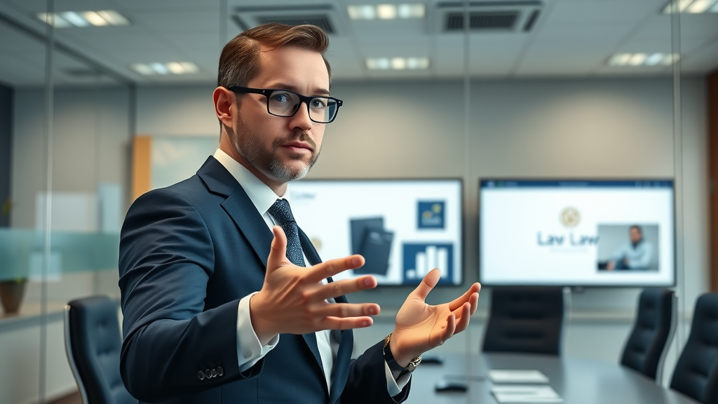 Sophisticated law firm logo branding presentation, attorney interacting with digital screens, glass-walled conference room, navy blue, gold accents