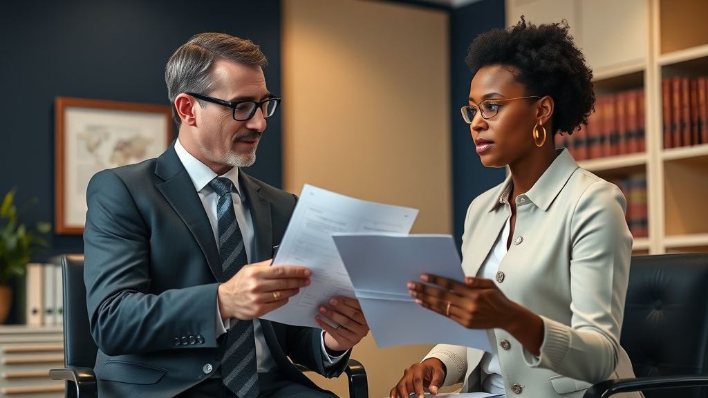 personal injury attorney Orlando, consulting with diverse client, law firm marketing Orlando, modern law office, legal documents, empathetic service