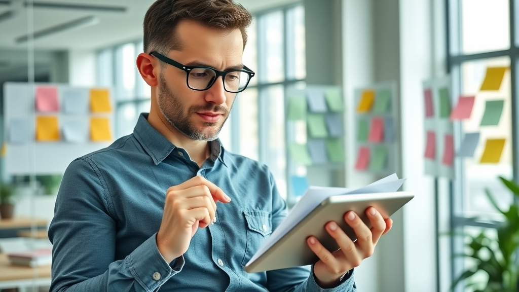 Goal-oriented marketing manager planning social proof integration steps with a digital checklist