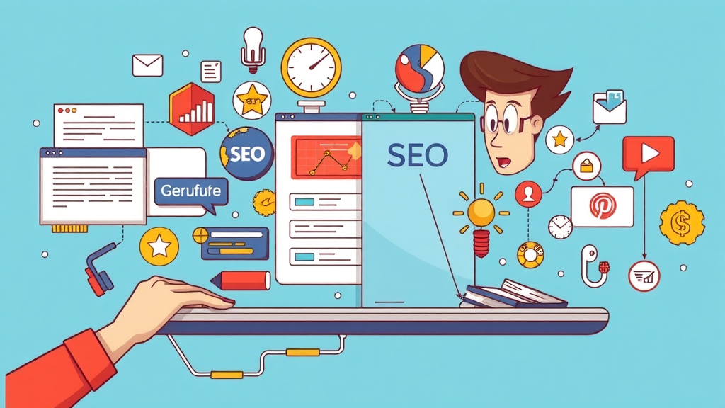 Split-screen illustration contrasting on-page SEO elements like title tags and meta descriptions with off-page factors like backlinks for search engine optimization.