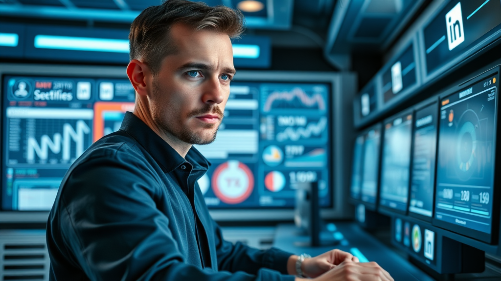 tech marketer uses linkedin marketing automation dashboard in high-tech control room
