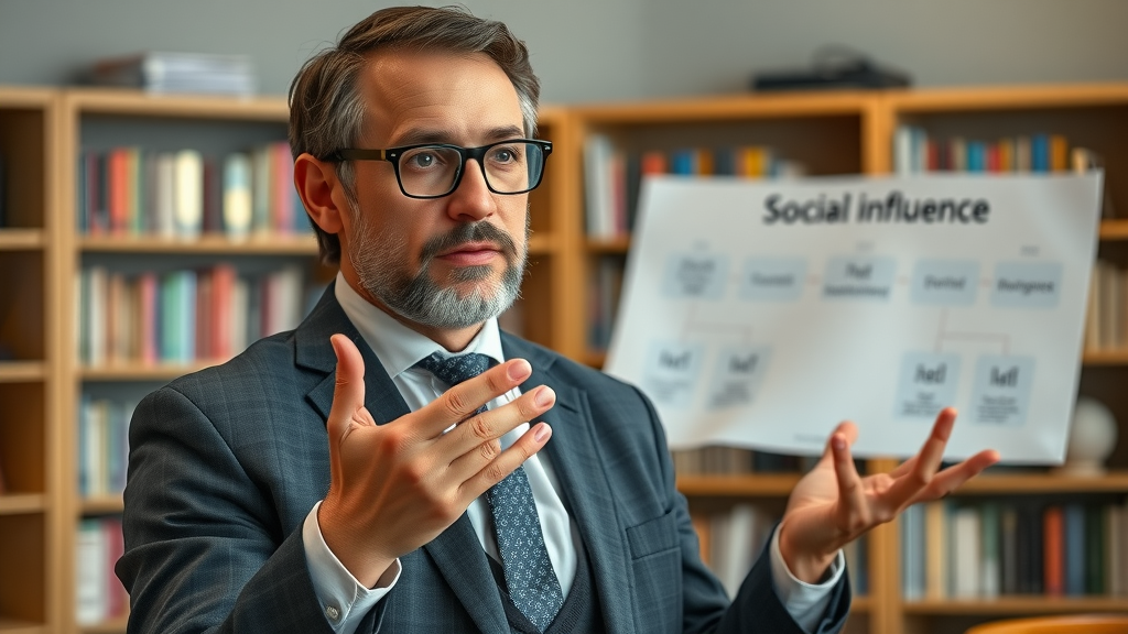Psychologist explaining social proof principles with expressive hand motions in a professional environment—insights for persuasion