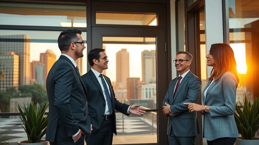 modern Orlando law office exterior, law firm marketing Orlando, downtown skyline, professional lawyers greeting clients at the door, photorealistic golden hour