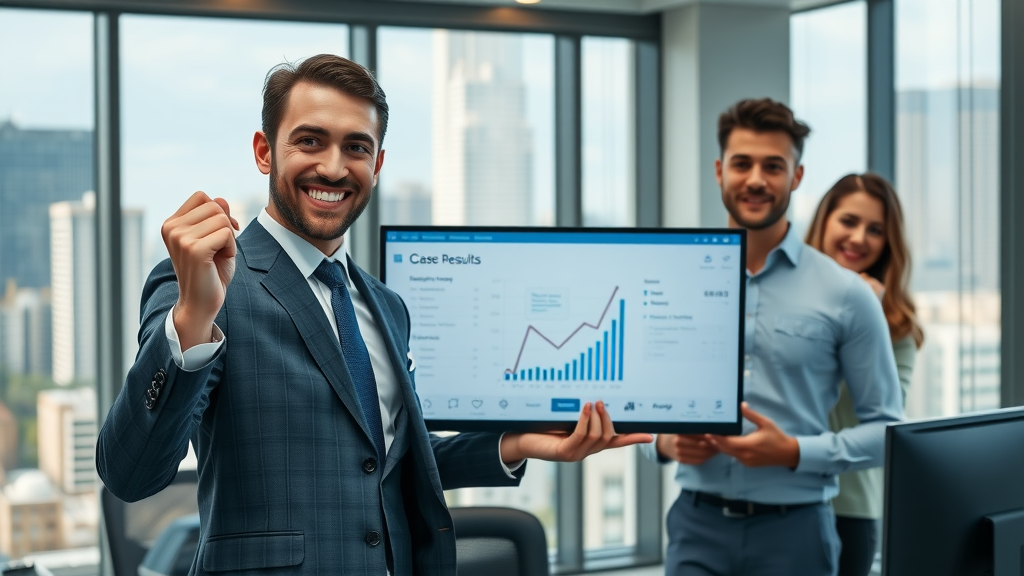Orlando attorney presenting digital case results and charts, content marketing law firm, modern city office, law firm marketing Orlando, natural lighting