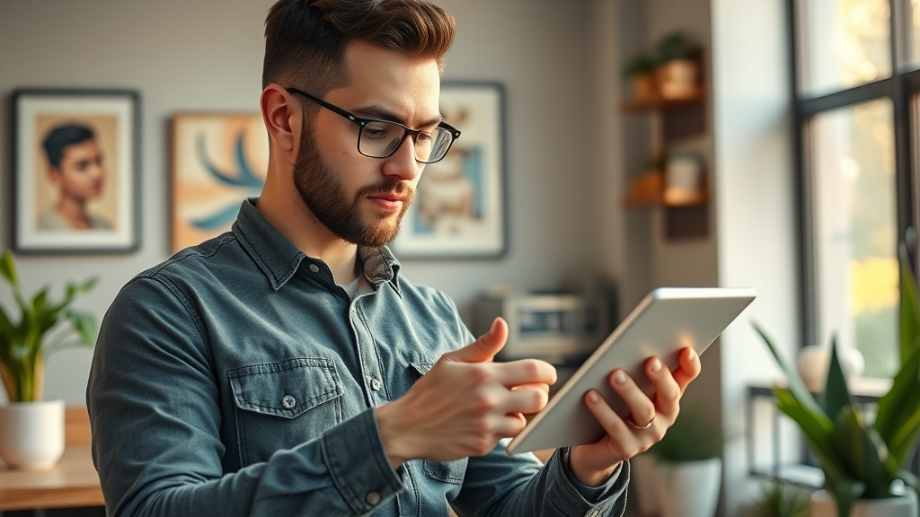 entrepreneur updating Google Business Profile on tablet in coffee shop, boosting free local SEO status