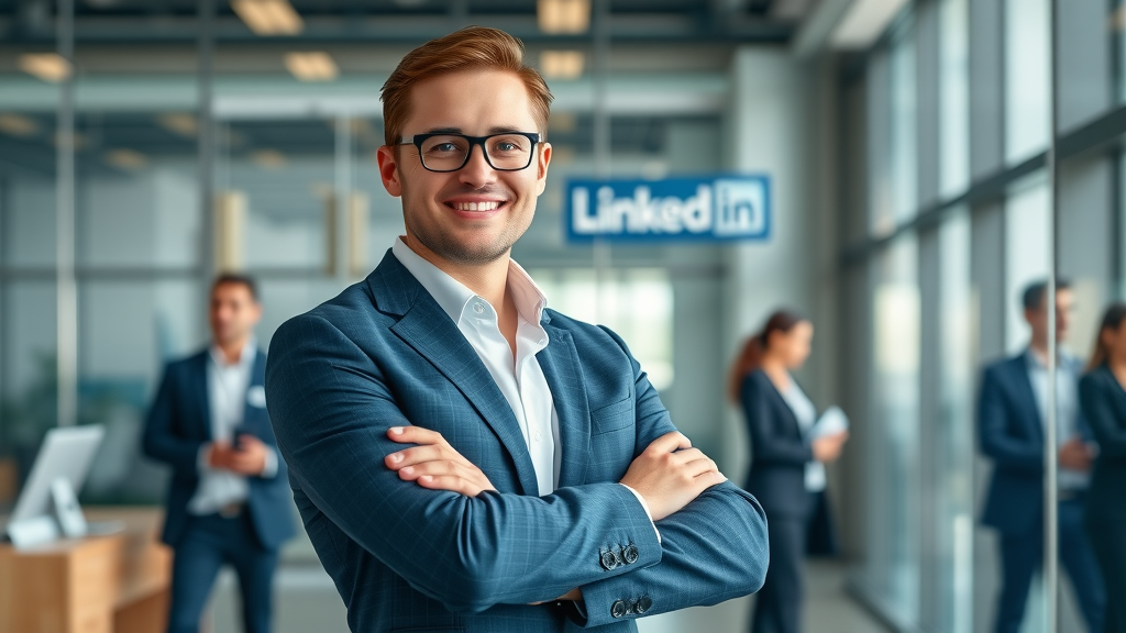 professional B2B marketer confident and approachable, standing in modern LinkedIn-branded office, linkedin marketing success, photorealistic, blue and silver