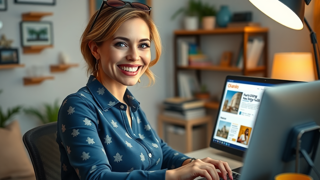 cheerful Orlando businesswoman designing email newsletter small business marketing