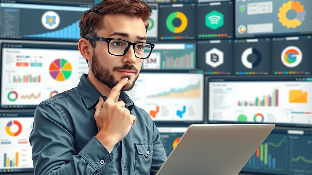 Professional analyst browsing and comparing popular website optimization tool dashboards, cartoon style, optimization features highlighted