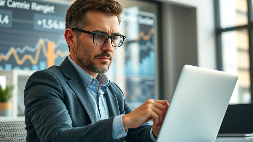 business owner analyzing website value on laptop in modern office with charts and graphs