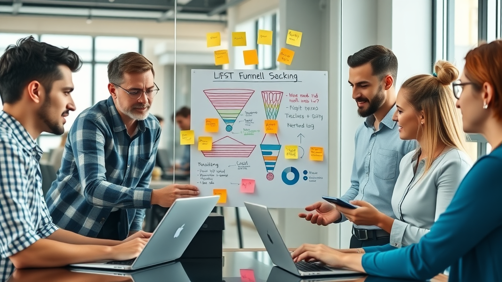 funnel building digital marketing team brainstorm funnel schematic glass boards