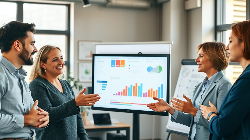 funnel building business team reviewing sales funnel charts in a modern office