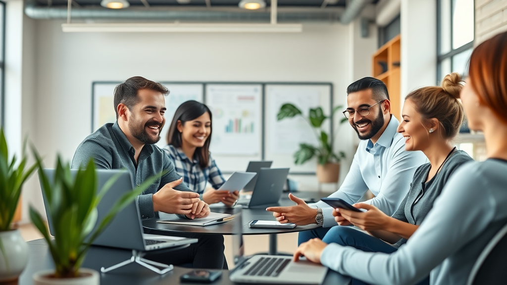 automation stack in a small business open-plan tech workspace, business owners collaborating on laptops and tablets