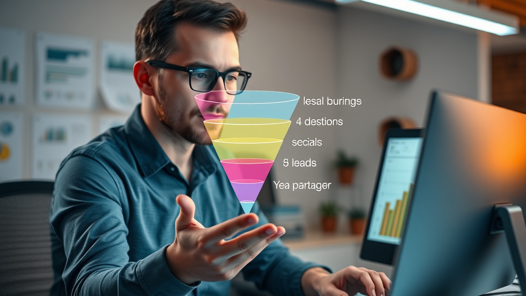 conceptual funnel building diagram with colored stages and small business owner analyzing digital sales process