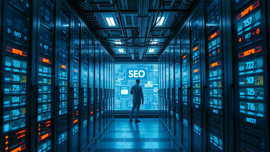 Server room illustrating the technical SEO backbone for search engine optimization with schema markup, XML sitemaps, and website speed.