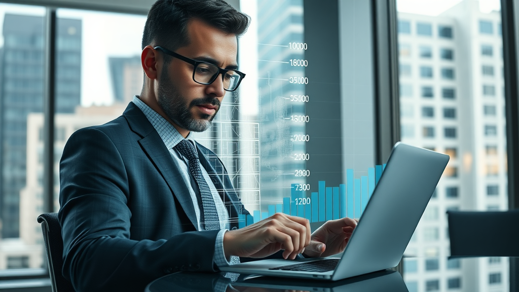 Orlando legal market growth demographics and branding analysis with graph overlays, city map highlights, lawyer analyzing laptop