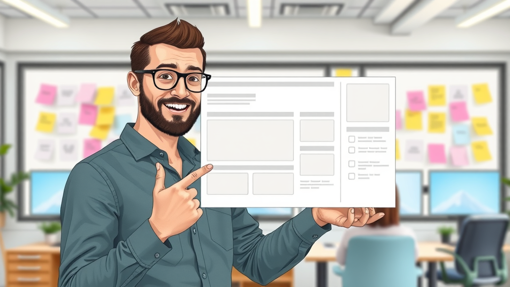 Professional UX designer pointing at a wireframed website layout, highlighting above-the-fold features for website optimization