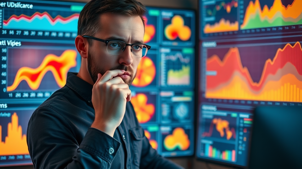 Data analyst examining website analytics dashboard for website optimization with heatmaps and user behavior insights